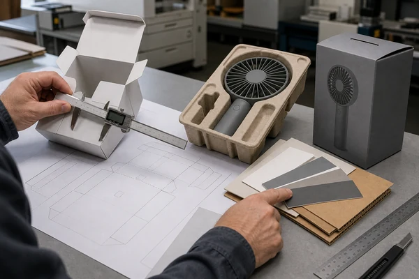 Packaging engineer reviewing a dieline, materials, colors, and physical box sample