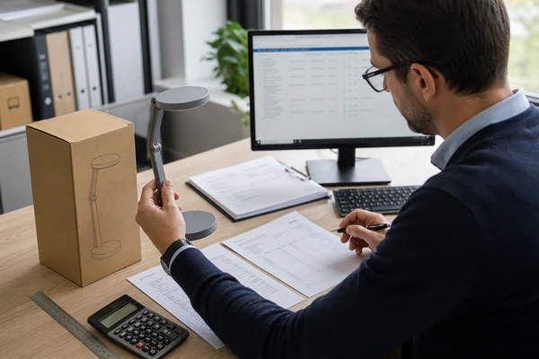 Import specialist reviewing a product sample and customs classification documents