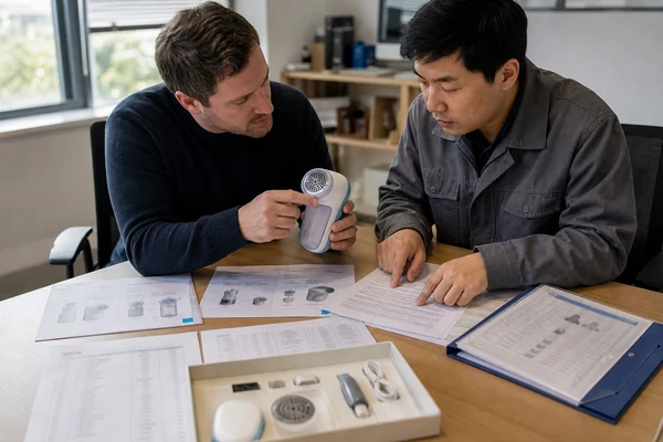 Buyer and supplier engineer reviewing design revisions, tooling records and manufacturing agreement
