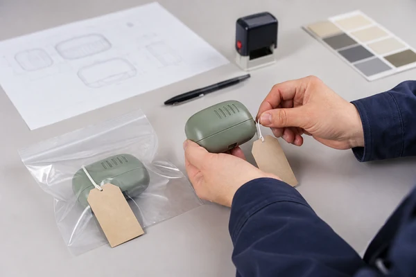 Quality specialist tagging two matching approved product samples for production control