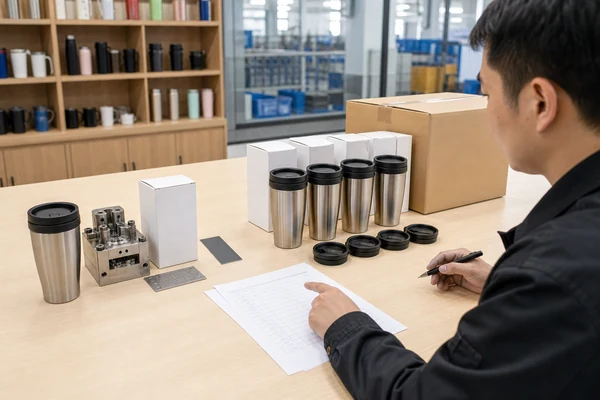 Product sample, lid mould and packaging components separated from recurring production units