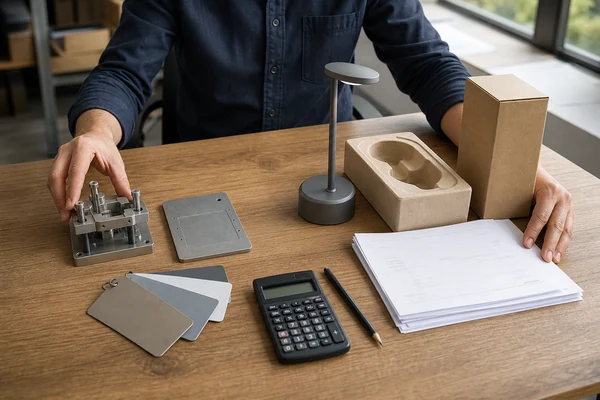 Product sample, tooling component and packaging arranged beside an itemized cost worksheet