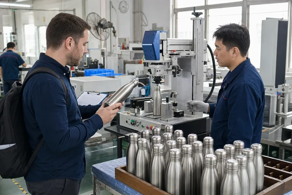 Buyer checking insulated bottle customization equipment with a factory technician