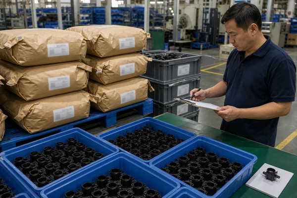 Inspector checking raw materials and work-in-progress quantities in a factory