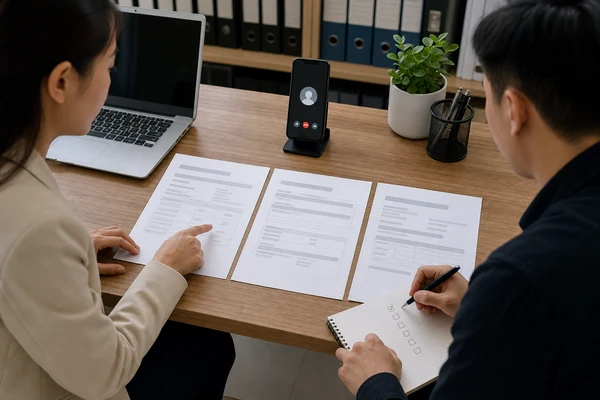 Sourcing specialist cross-checking supplier records, purchase order and payment recipient before a deposit