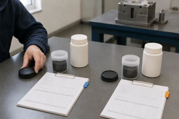 Two sets of material samples and moulded lids arranged beside separate production records