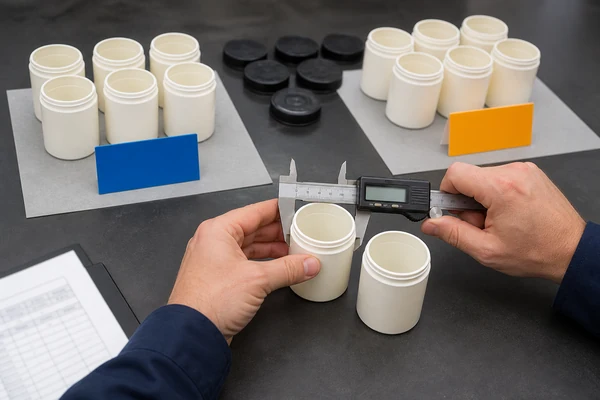 Inspector measuring a sample container while keeping units from two batches separately identified