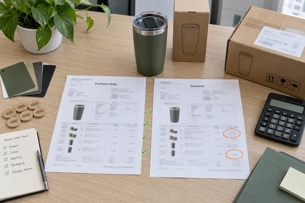 Old purchase order and new supplier quotation compared beside the same product and packaging