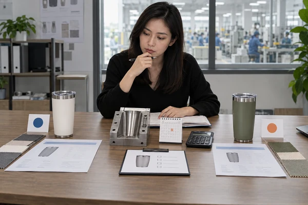 Buyer comparing two supplier samples with quotations, tooling and schedule information