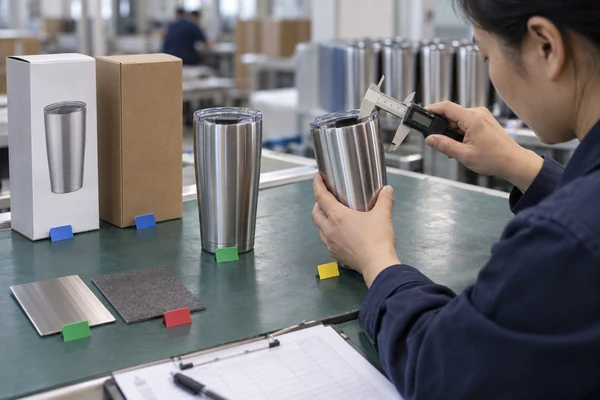Quality specialist measuring a proposed sample while comparing material and packaging options