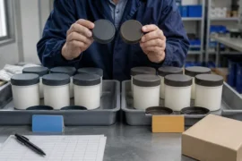 Quality reviewer comparing two separate batches of sample containers and lids