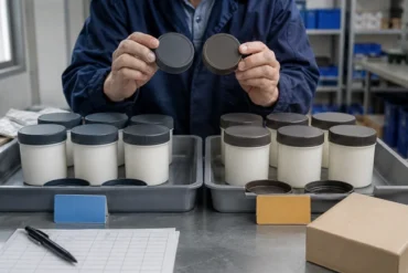 Quality reviewer comparing two separate batches of sample containers and lids