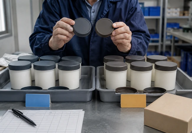 Quality reviewer comparing two separate batches of sample containers and lids