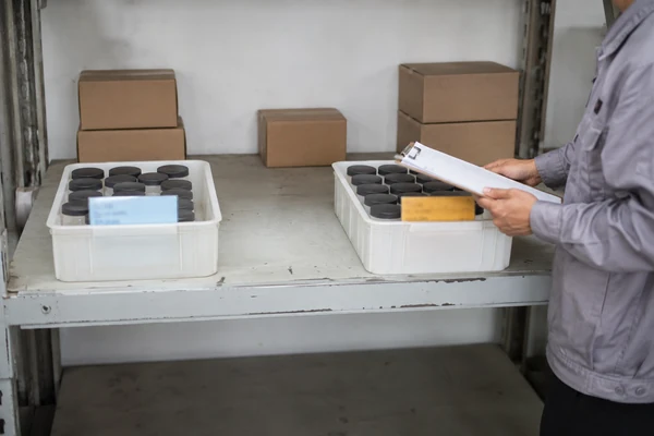 Warehouse worker keeping two batches of the same product in separate labelled storage bins