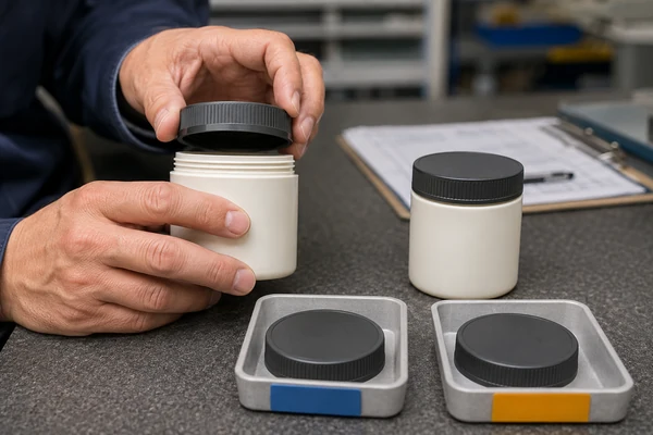 Hands checking whether a replacement lid fits a container from an earlier production batch