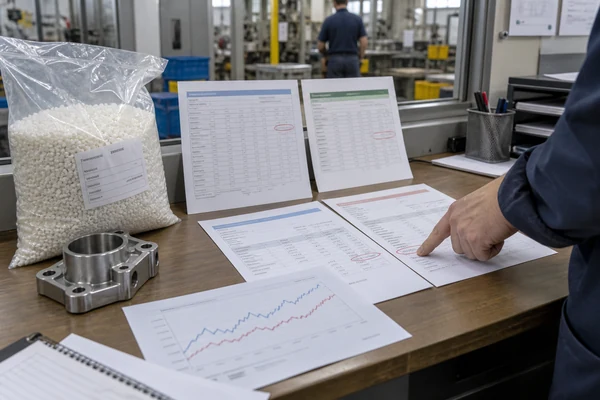 Reviewer tracing a supplier price increase to material samples and dated cost records