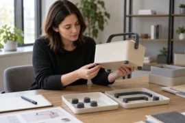 Concept illustration of a buyer reviewing a storage-caddy sample beside trays of spare feet and handles.