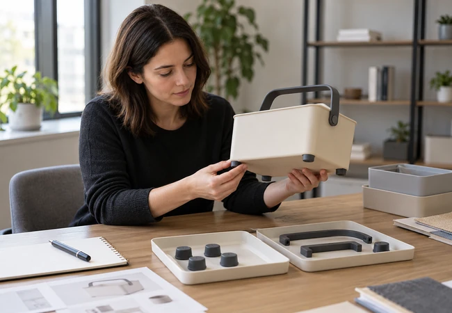 Concept illustration of a buyer reviewing a storage-caddy sample beside trays of spare feet and handles.
