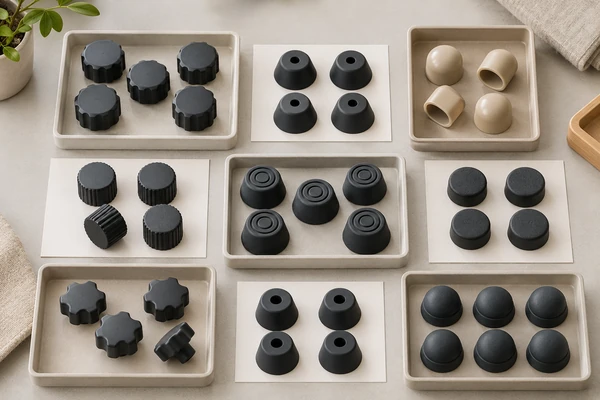 Concept illustration of replacement knobs, feet and caps separated into groups for spare-parts planning.