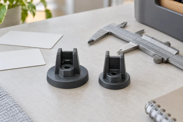 Concept illustration of two slightly different mounting feet beside a caliper for compatibility review.