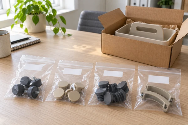 Concept illustration of bagged spare parts kept separate from a finished storage-caddy sample carton.