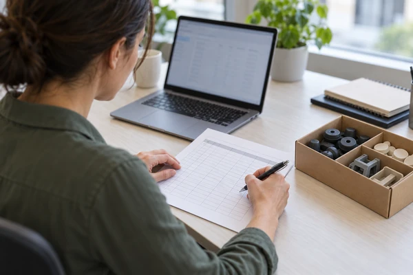 Concept illustration of a procurement planner reviewing an inventory worksheet beside a small parts box and laptop.