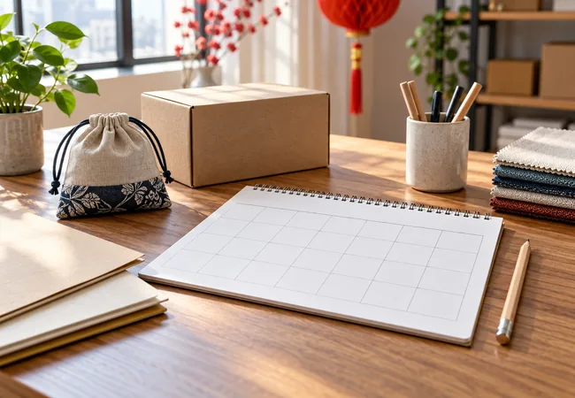 Blank planning calendar, order documents and product samples on a procurement desk