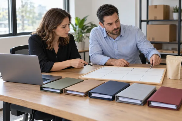 Two colleagues reviewing order-planning folders at a meeting table