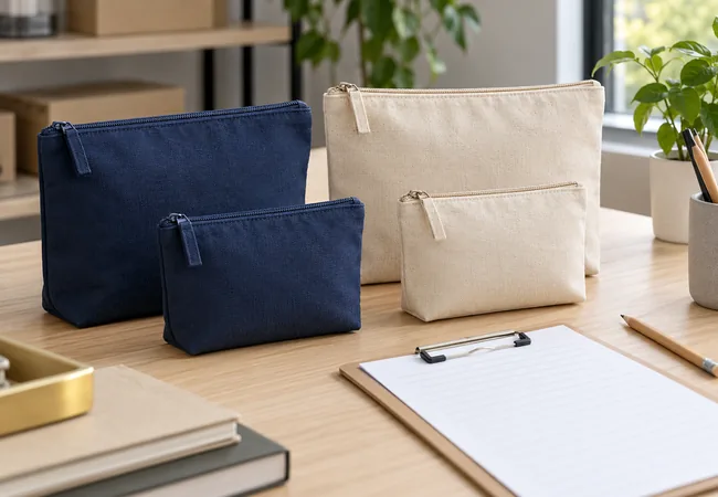 Navy and beige zipper pouches in two sizes beside a clipboard