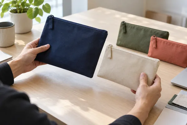 Hands comparing navy and beige zipper pouches in different sizes