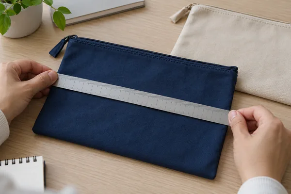 Hands checking the width of a navy zipper pouch with a ruler