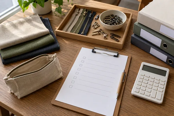 Fabric swatches, zipper components and a blank purchasing checklist on a worktable