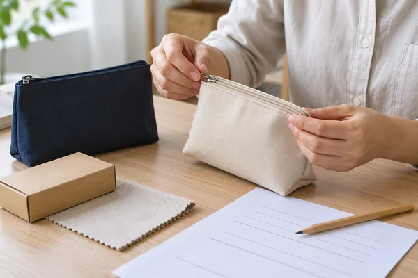 Hands examining a pouch beside packaging and blank approval documents