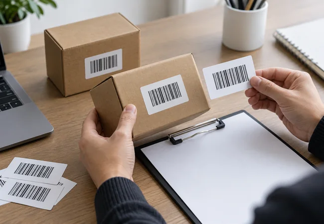Hands comparing a label proof with an unbranded carton on a procurement desk
