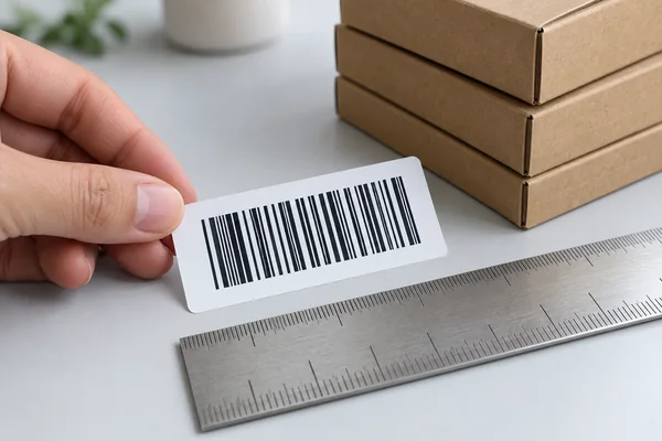 Label proof beside a metal ruler and unbranded packaging samples