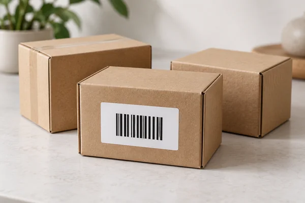 White label on a flat carton panel away from the folded corner
