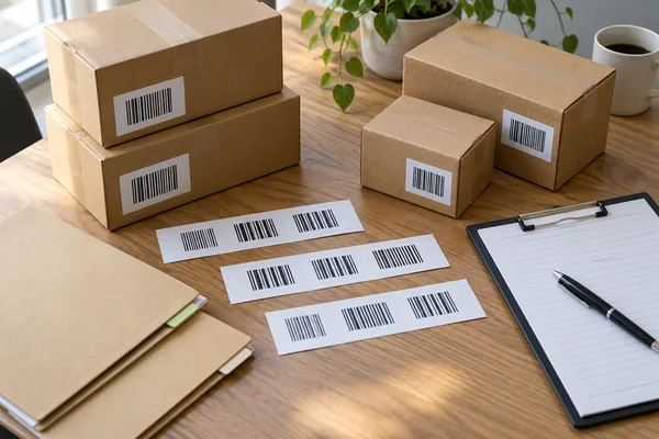 Packaging samples and label proofs arranged beside folders and a clipboard
