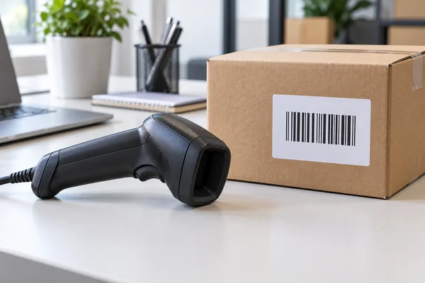 Handheld barcode scanner resting beside a labeled kraft carton