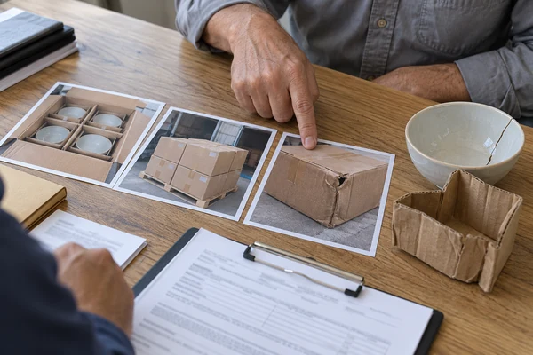 Reviewer comparing dispatch and arrival photographs with a cracked bowl and retained packaging