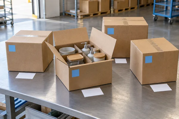 Separate cartons with identifying labels prepared for warehouse receiving checks