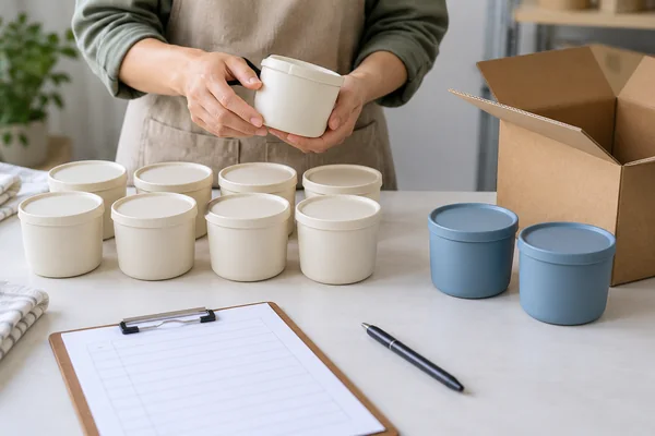 Worker counting cream storage cups and separating a different blue color variant