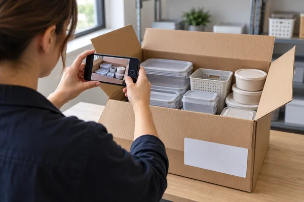 Receiving coordinator photographing an open carton and its contents