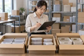 Procurement coordinator comparing a receiving checklist with open cartons of household containers