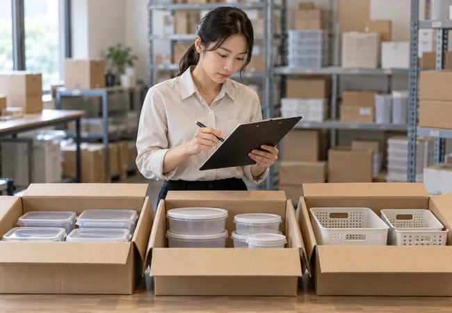 Procurement coordinator comparing a receiving checklist with open cartons of household containers