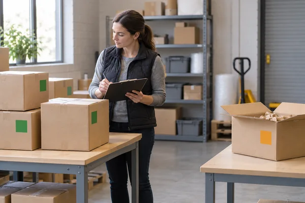 Coordinator reviewing cartons kept in separate groups before dispatch