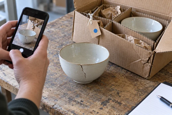 Cracked ceramic bowl documented with its original divider and damaged carton