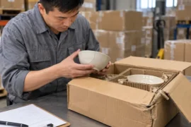 Receiving worker examining a cracked ceramic bowl beside its damaged shipping carton