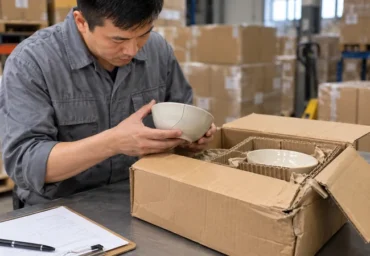 Receiving worker examining a cracked ceramic bowl beside its damaged shipping carton