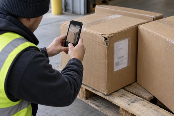 Receiver photographing a crushed corner of an unopened carton on a delivered pallet
