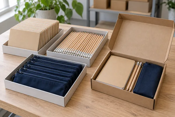 Separate trays of notebooks, pencils and pouches beside a packed retail kit